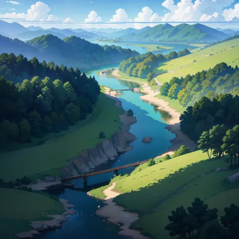 anime scene of a river with a green grass field  and a sky, anime scenery, anime landscape, anime beautiful peace scene, beautiful anime scene, beautiful anime scenery, anime nature wallpap, anime nature, anime countryside landscape, style of makoto shinka...