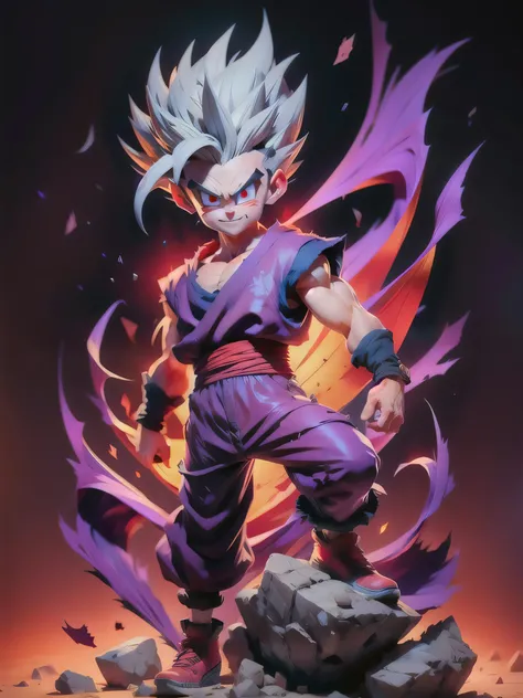 masterpiece, best quality, ultra-detailed, Adult Gohan 1boy, solo, Full body, evil smile, grey hair, spiked hair, (((red eyes))), (((perfect eyes))), (((PURPLE dougi))), full body, looking at viewer, male focus, earth (planet), planet, space, cracked groun...