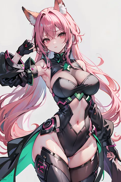 Fox Demon Jade Algae Frontline, 1girll, Breasts, mitts, Large breasts, Thighs,with pink hair, Niatasha, Solo, Black gloves, Elbow gloves，Hands are not visible