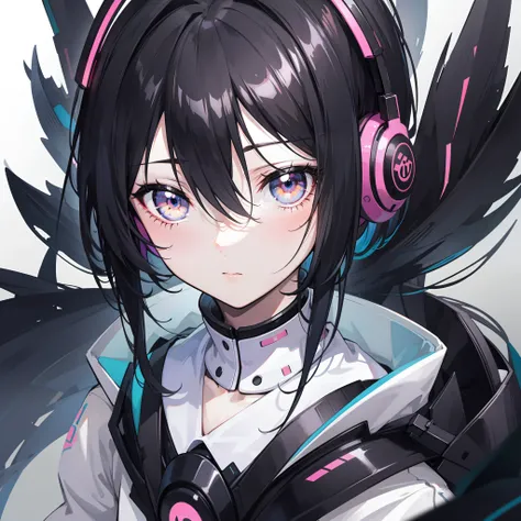 black hair, behind-the-head headphones, gradient eyes, anime style, UHD, retina, masterpiece, anatomically correct, high details, high quality, super detail, highres, 16k