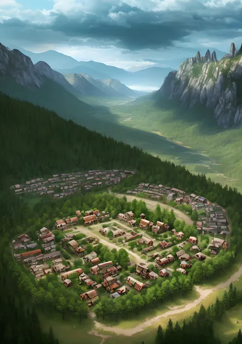 Apocalyptic pos village isolated in the mountains surrounded by forests