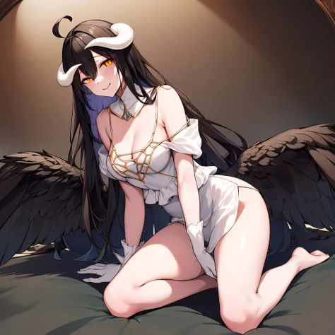 masterpiece, best quality, highres, al1, demon horns, slit pupils, white gloves, white dress, bare shoulders, detached collar, cleavage, black wings, feathered wings, low wings, all fours, bed, smile, medium size boobs, medium tits, smaller tits