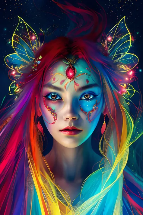 Masterpiece quality、highest  quality、Gorgeous art、detailed meticulous：1.2、Colorful abstract background、Mysterious fairy woman、Colourful hair、Long hair shawl、Red glowing eyes、Mysterious magic、Girl of Ice and Fire、Red and blue color scheme、Cinematic light an...