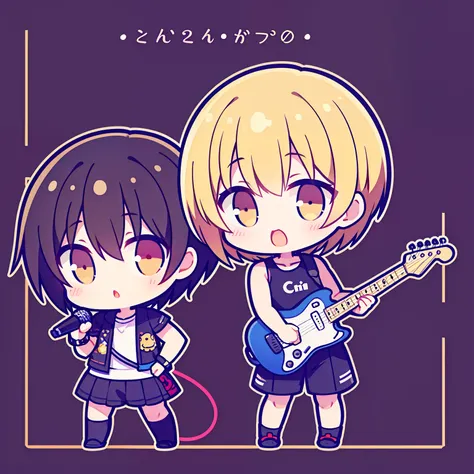 Chibi Chara、Boy with a microphone、Boy Playing Electric Guitar、A dark-haired、a blond、short-haired、Twosome