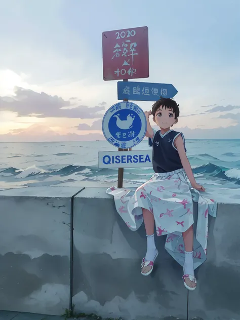 "On the wall by the sea sat a little girl，Wearing Mu Yanlings costume, Queen of the Sea，Have by the sea，The photo was taken on 2020。Someone stood near the beach，We could see the sea，There is also a sea goat next to it。Nearby are rough waves，Chen Xintong al...