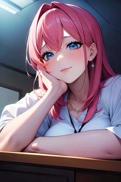 ((masterpiece)), ((best quality)), (ultra-detailed), ((extremely detailed)), 4K, (8K), best quality, (beautiful), anime style, look up from below, in the classroom, night, a cute girl, 1girl, solo, school uniform, beautiful pink hair, beautiful blue eyes, ...