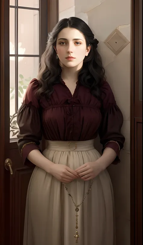 There is a woman in front of a door with a rosary, inspirado em Francesco Hayez, wearing 1890s era clothes, Retrato de personagem de corpo inteiro, retrato de personagem de corpo inteiro, fantasy genre portrait, Tom Bagshaw Estilo, inspirado em Albert Edel...