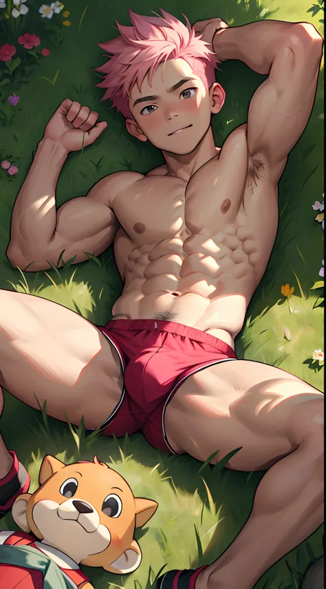 (masterpiece, best quality), 1boy，younge boy，Kids face，Lying in the grass，adolable，laughingly，Be red in the face，is shy，infancy，Young age，Short round face，Flat chin，Pink briefs，musculous, pink short hair, Dark gray eyes, 复杂, full bodyesbian,nakeness， Pink ...