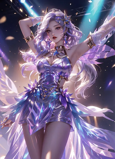 tmasterpiece， Best quality at best， A high resolution， 1girll，（Sing with a microphone）， K/Da（league of legend）， 独奏， long whitr hair， short detailed hair， shift dresses，idoly，Stage costumes，be on stage