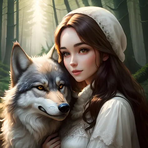 Beautiful woman with long brown hair next to an adult wolf in a magical forest