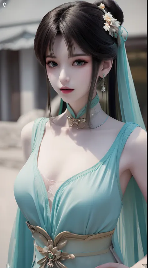 1 beautiful and cute realistic girl, tender young girl, waist length hair, long black hair with a hint of blue, light blue eyes, wearing a long, thin, blue dress with a hanfu style, ((blue dress with white lace border covering the girls cleavage:0.8)), sty...