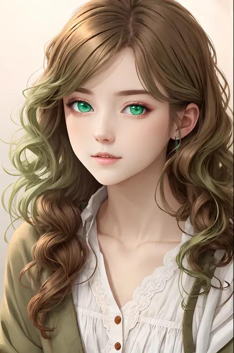 Disney，whiteskin，Long curly light brown hair，Pale green eyes