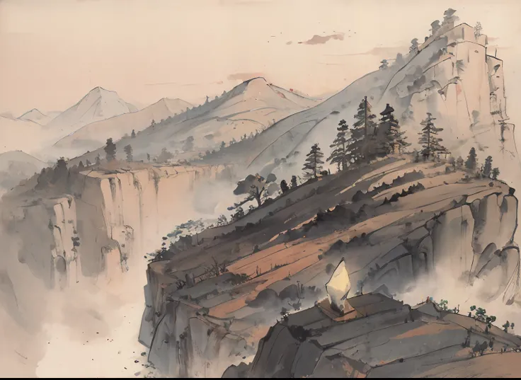 (Masterpiece, best quality: 1.2), traditional Chinese ink painting, high mountains, small hillsides, rocks, trees, no humans, cliffs