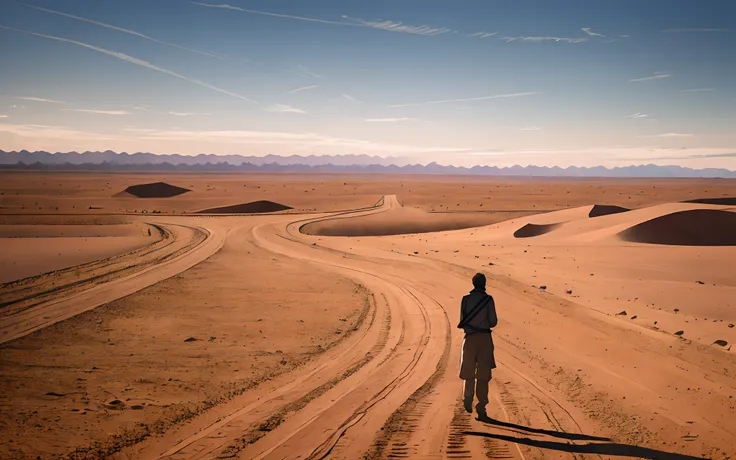 There is a man standing in the middle of the road looking at the road, standing on the road, on the desert road, the long road, standing bravely on the road, the open road, the desert road, the highway, traveling on the long dirt road, crossing the desert,...