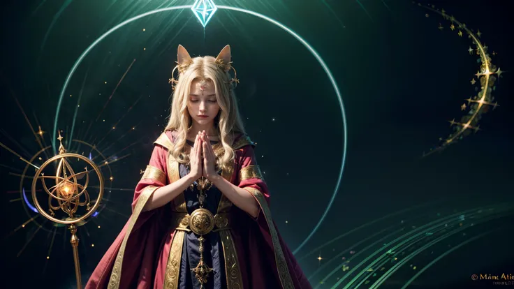 (masterpiece), (best quality:1.4), absurdres, [:intricate details:0.2], 1cat, flowing robe, Complex magic arrays, Glowing runes, shimmering aura, Intense focus, arcane spell, Crackling energy, Floating artifacts, Ethereal staff，Flashing candles，Swirling mi...