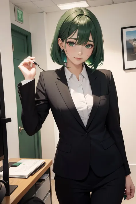 Green hair　cosmetics　wholesome　Black Suit　femele　a secretary