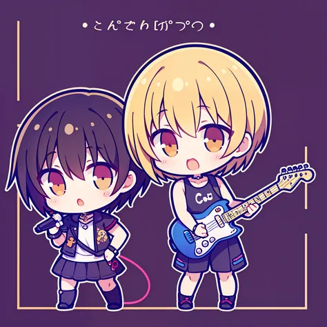 Chibi Chara、Boy with a microphone、Boy Playing Electric Guitar、A dark-haired、a blond、short-haired、Twosome