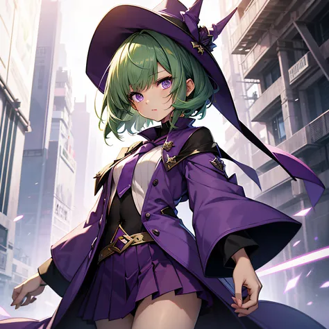 top-quality、extremely delicate and beautiful、(A teenage girl)、Purple Eye、Green hair、short-haired、(Purple pointy hat)、Purple tie、Soio、shortsleeves、Purple skirt、Purple Wizard Robe、Navel,is standing