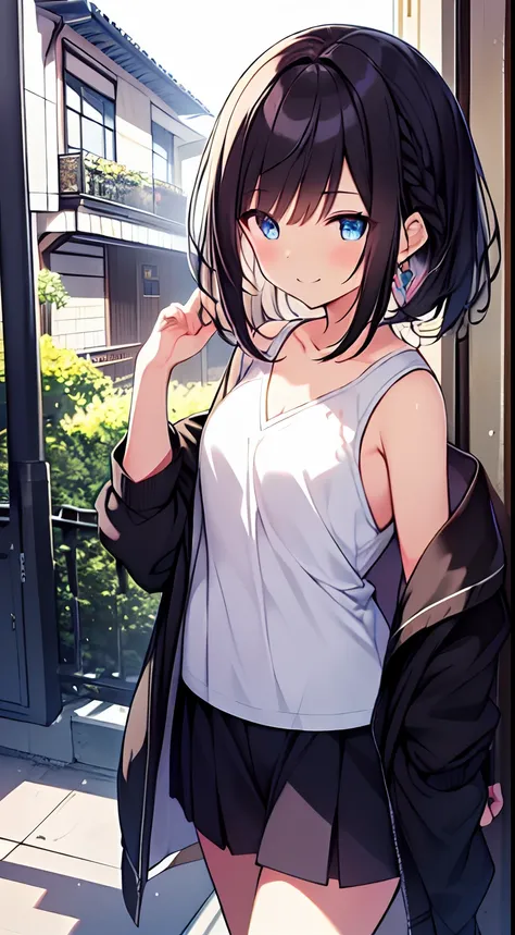 masutepiece, Best Quality,Illustration, Wallpaper, Ultra Detail, 1girl in,Solo,Beautiful detailed eyes,Very thick contour lines、Medium Short-Cut Hair、Short, Braided hair、(student clothes)、Dark hair color、A smile、Walking next door、Kamimei、Overlooking angle:...