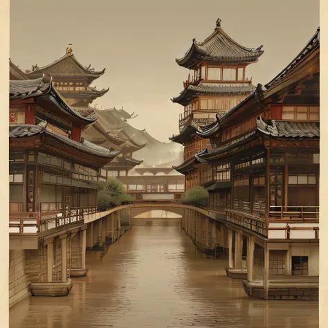 There are many buildings along the river，In the background is a bridge, inspired by Tōshi Yoshida, Beautiful rendering of the Tang Dynasty, By Fei Danxu, dreamy Chinese towns, Inspired by Yoshida Hanbei, inspired by Hiroshi Yoshida, Ancient Chinese archite...