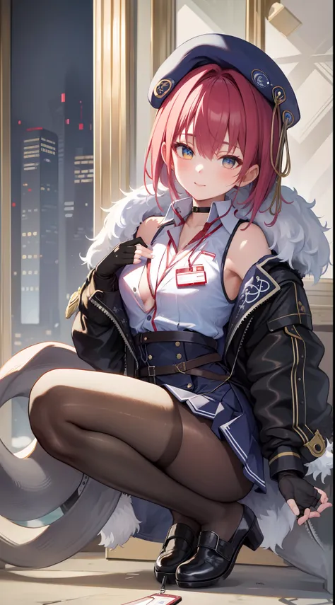 ((Masterpiece)), (Best Quality), marine_beret, Collared Shirt, Sleeveless, High-waisted Skirt, Pantyhose, Blue Jacket, Fur Embellishment, Fingerless Gloves, ID Card, (NSFW: 1.5), Full Body, Solo