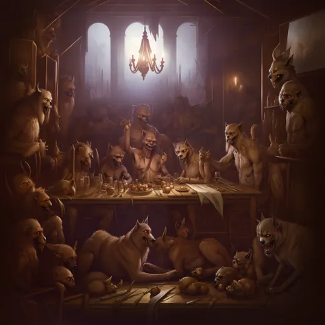 art by apterus. werewolf family having a dinner,(ohwx aesthetic)