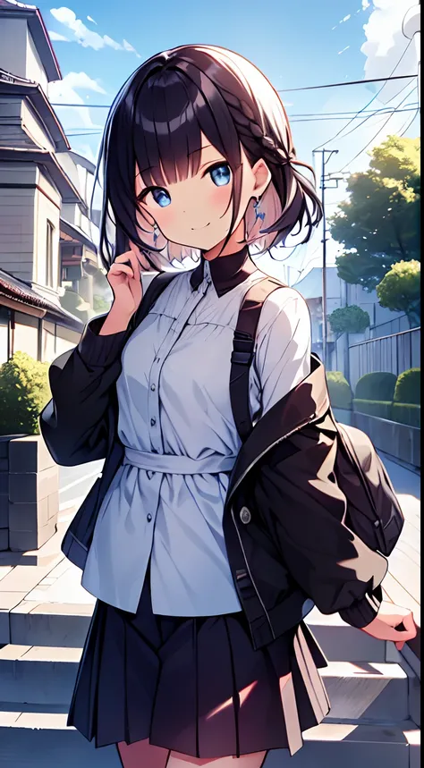 masutepiece, Best Quality,Illustration, Wallpaper, Ultra Detail, 1girl in,Solo,Beautiful detailed eyes,Very thick contour lines、Medium Short-Cut Hair、Short, Braided hair、(student clothes)、Dark hair color、A refreshing smile、Walking next door、Kamimei、Overloo...