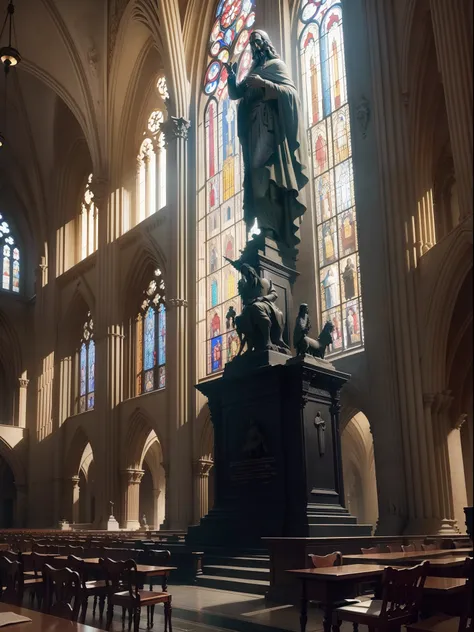 cathedral interior，Its all pitch black décor，Intricate Gothic decoration，There is a huge statue of the god Jesus，There was a scribe of the Bible，There are some seats，Faint firelight