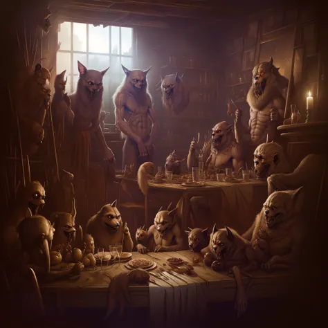 art by apterus. werewolf family having a dinner,(ohwx aesthetic)