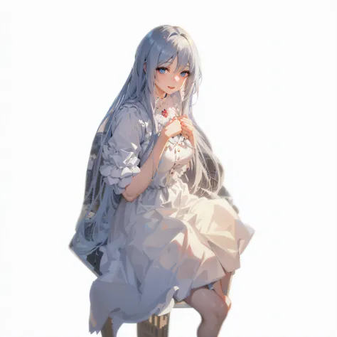 Anime girl with long white hair and blue eyes sitting in a chair, Anime girl with long hair, cute anime waifu in a nice dress, loli in dress, pale young ghost girl, Girl with white hair, Guviz, up of young anime girl, Cute anime girl, Anime moe art style, ...