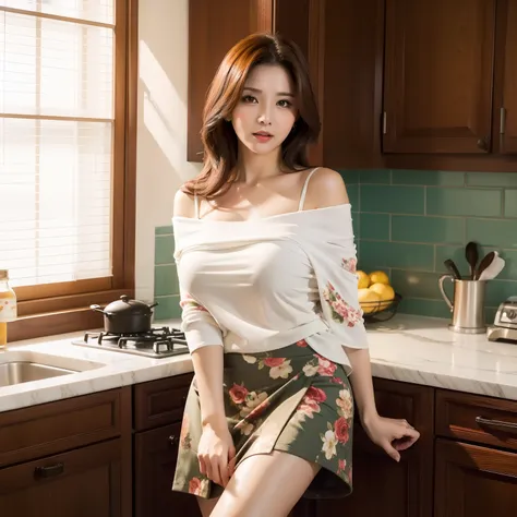 sexy, medium boobs, in kitchen, 8k resolution, full body, milf, off shoulder shirt, floral short skirt, seductive expression,