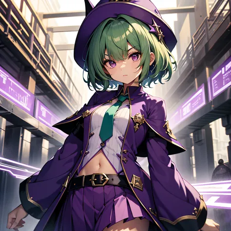 top-quality、extremely delicate and beautiful、(A teenage girl)、Purple Eye、Green hair、short-haired、(Purple pointy hat)、Purple tie、Soio、shortsleeves、Purple skirt、Purple Wizard Robe、Navel,is standing