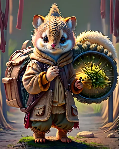 Top image quality、"Create cute creature masterpieces with inspired ultra-detailed concept art. Let your imagination come alive", （pangolin）, high detailing, in 8K、Top image quality、Dressed as a hunter in medieval Europe、Carrying a bow and arrow and a bow h...