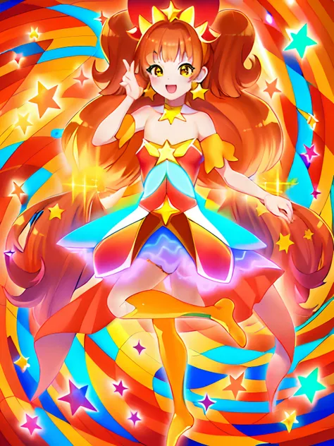 Cartoon image of a boy in a star dress, Cute, Official art, Orange, yellow and purple costume, !!Full body portrait!!, official artwork, marin kitagawa fanart, Beautiful, He has long orange-brown hair, Sparkling Magical Boy, Nami, golden aura