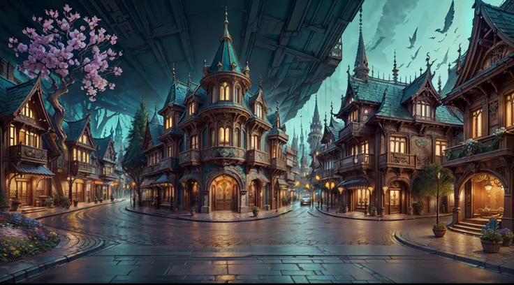 "picturesque town square, breathtaking architecture ((art nouveau style)), ((paved street)), charming, enchanting magical fantas...