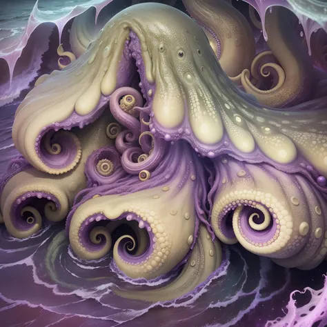 Cthulhu ancestry，Purple ocean，the sea，starrysky，Cthulhu，slimey，tentaculata，an octopus，starlights，Hyper-detailing，Hyper Real，tmasterpiece，HighestQuali