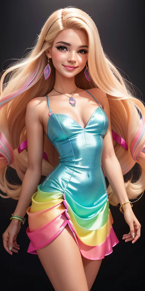 uma foto de mse uma mulher barbie, expression joyful, cabelo loiro bonito movido pelo vento, vestido movido pelo vento,design lu...