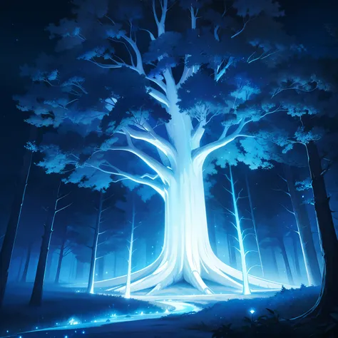 night, dark sky, luminous tree, giant tree, white bark with blue luminous veins, white leaves, stars, blue tones, wallpapers, high quality, glow, magic