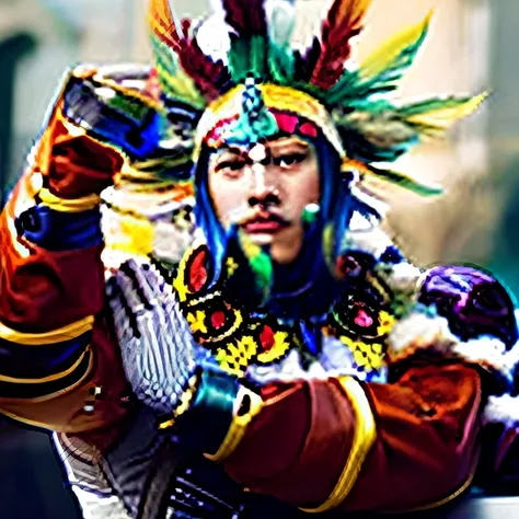 Close up portrait of a man with a feather headdress on his head