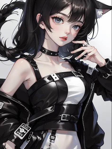 Close-up, one girl, cat ears, black hair, black eyes, black and white streetwear clothes, black and white accessories