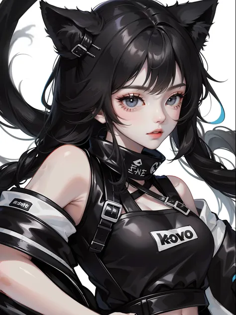 Close-up, one girl, cat ears, black hair, black eyes, black and white streetwear clothes, black and white accessories