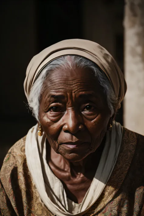 film grain, photographed with a Sony a9 II Mirrorless Camera, analog style, beautiful, masterpiece, best quality, aamari, a old woman with elegant dress is looking at the camera, very dark skin, extremely detailed face, bust shot, perfect lighting --auto