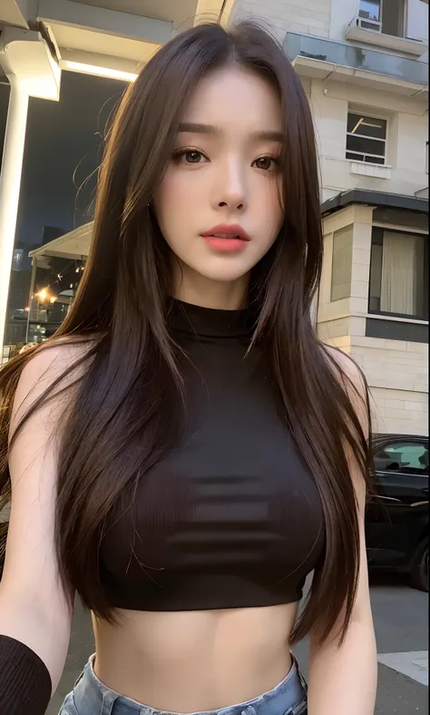 ((Realistic lighting, Best quality, 8K, Masterpiece: 1.3)), Clear focus: 1.2, 1girl, Perfect beauty: 1.4, Slim abs: 1.1, ((Dark brown hair)), (White crop top: 1.4), (Outdoor, Night: 1.1), Park view, Super fine face, Fine eyes, Double eyelids,