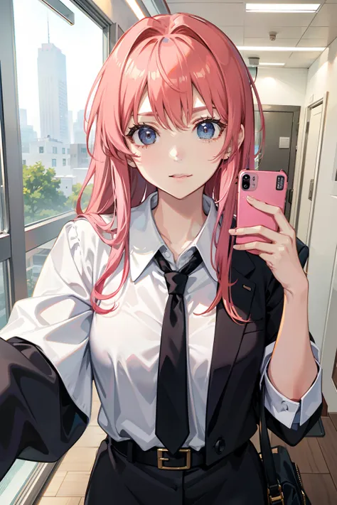 02，taking selfies with their mobile phone，office lady uniform