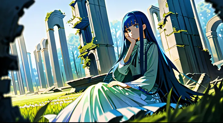 （tmasterpiece，best qualtiy），1 long blue-haired girl sitting in a field of ruins，her hand under her chin，warmly lit，white dresses，Blurred foreground