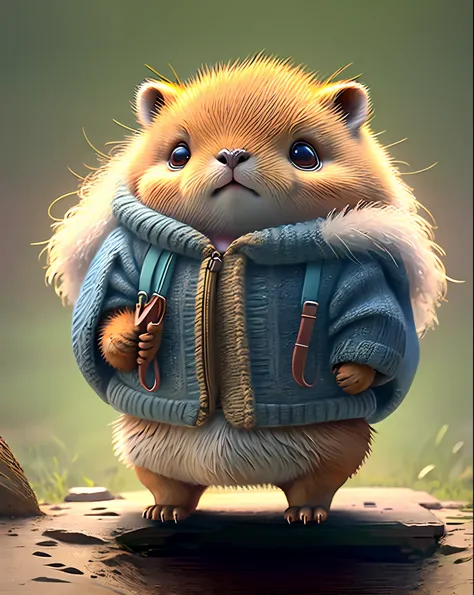 Top image quality、"Create cute creature masterpieces with inspired ultra-detailed concept art. Let your imagination come alive", （capybara）, high detailing, in 8K、Top image quality、Dressed as a hunter in medieval Europe、Carrying a boomerang on your back、