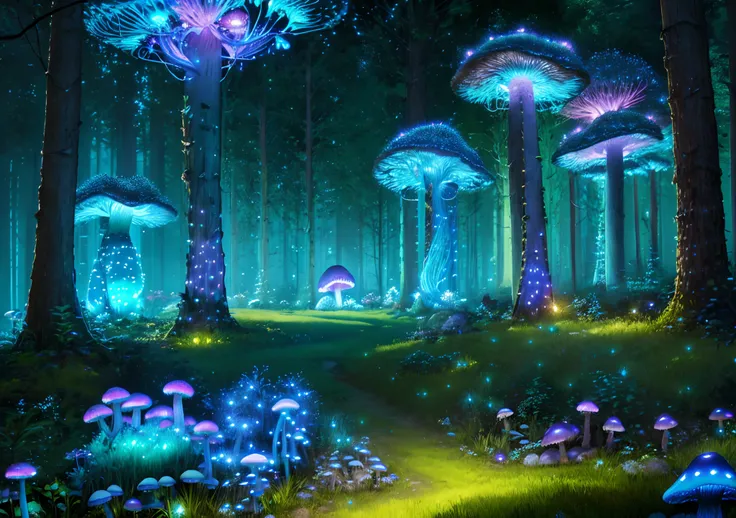 (highly detailed:1.2),(best quality:1.2),8k,sharp focus, (subsurface scattering:1.1)
(glowing magic bioluminescent mushrooms:1.2),psychadelic magic particles inthe air,  (neon bioluminescent mushroom forest at night:1.2), (magical fireflies:1.2)
(very deta...