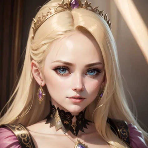 Hyper realistic portrait super detailed sexy princess face bright eyes face portrait mature woman blond hair jewlery