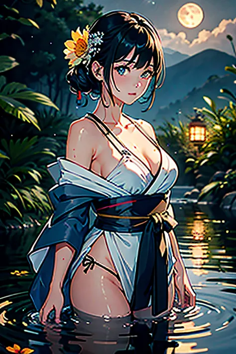 1girl, breasts, moon, lantern, night, solo, large breasts, hair ornament, wet, kimono, japanese clothes, wading, water, hair flower, flower, outdoors, sky, full moon, rain, black hair, off shoulder, mountain, cloud, holding, sash, bare shoulders, paper lan...