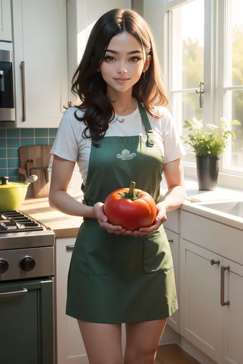 Host standing in a bright, modern kitchen, holding a colorful bowl of fresh vegetables